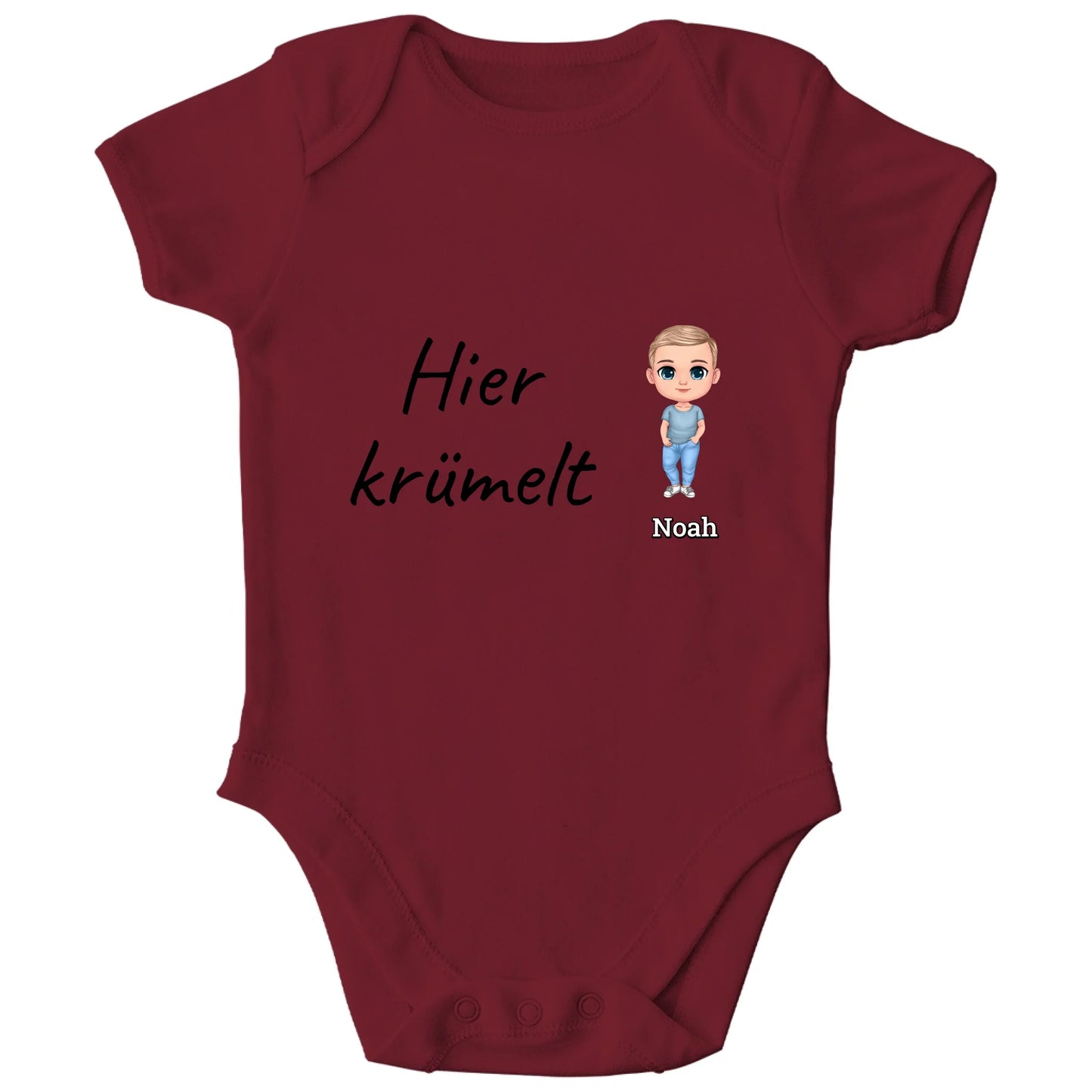 Personalisierter Bio Baby Strampler | hier krümelt mit Name und Bild | Personalize Palace