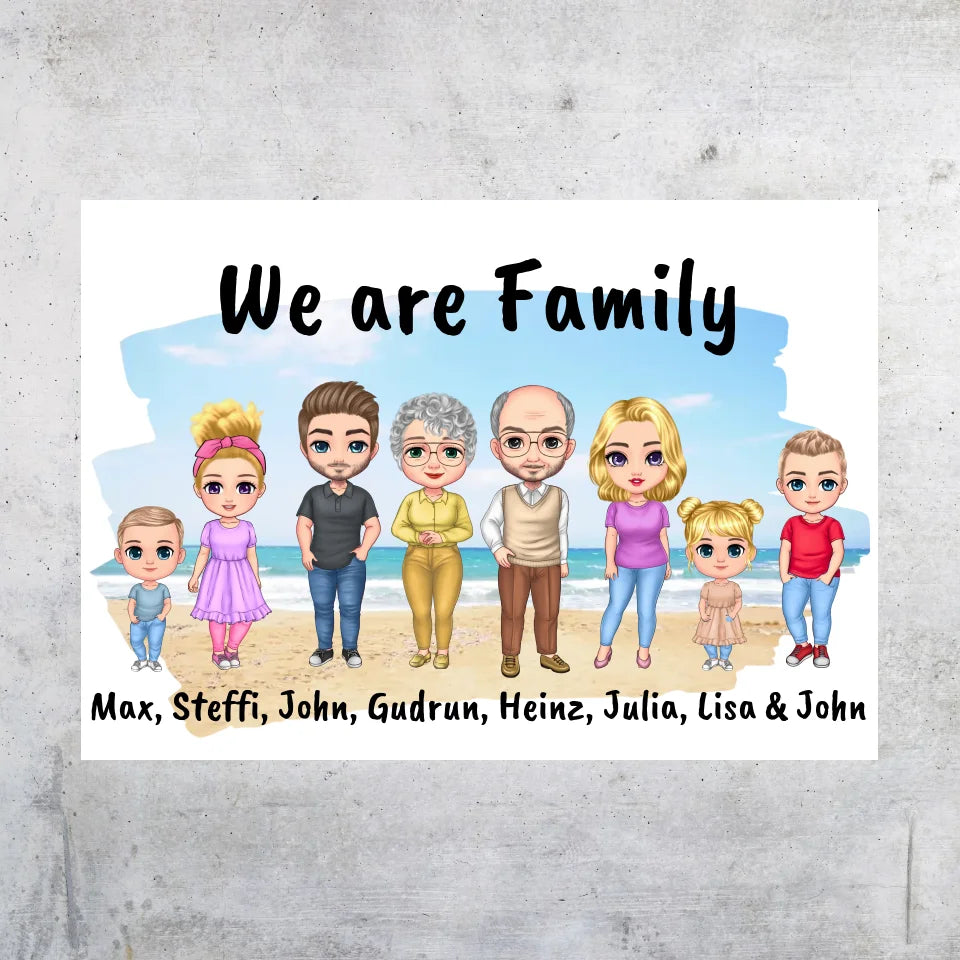 Family Chibi Portrait - Individual picture with gallery frame or as a canvas