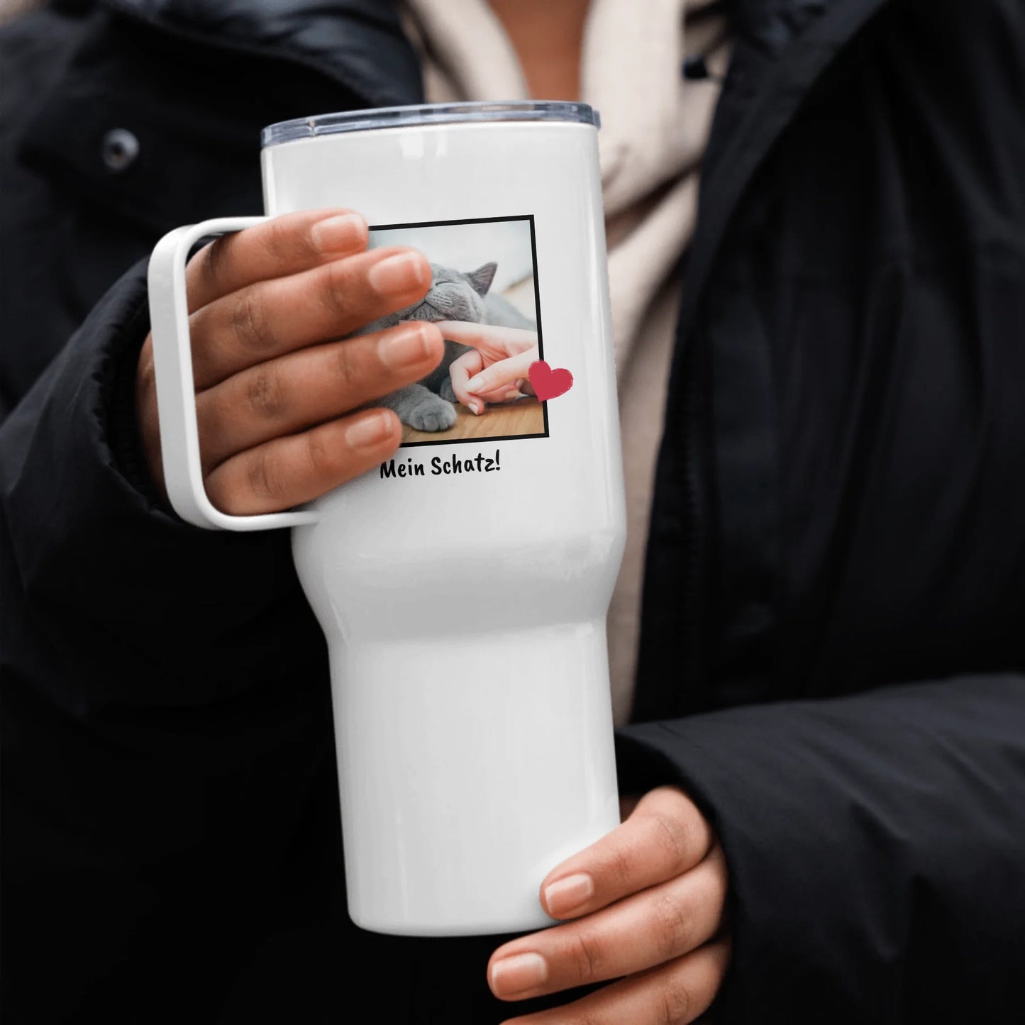 Personalized thermal mug for dog and cat lovers with photo and text