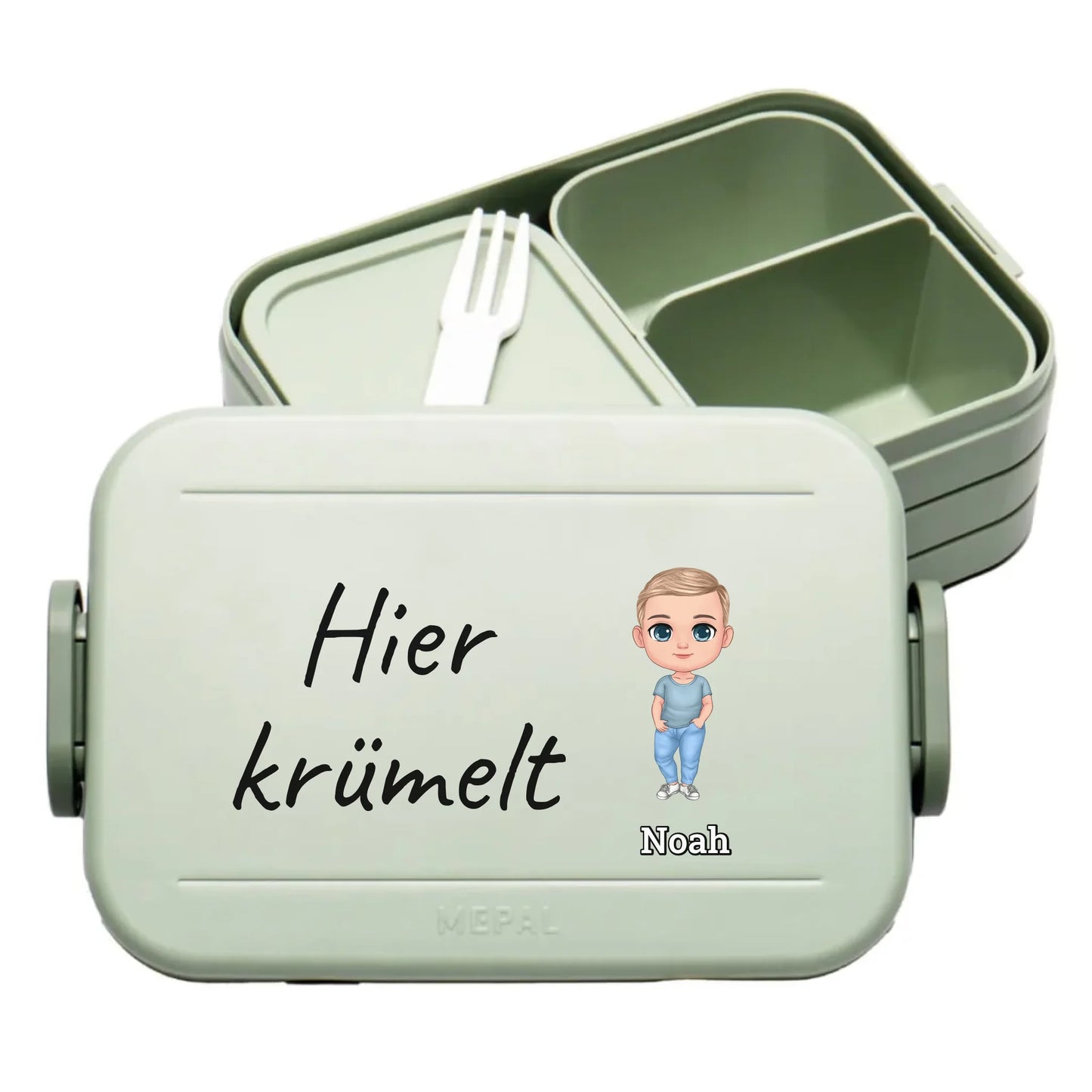 grüne Mepal Brotdose mit Bild und Text selber gestalten