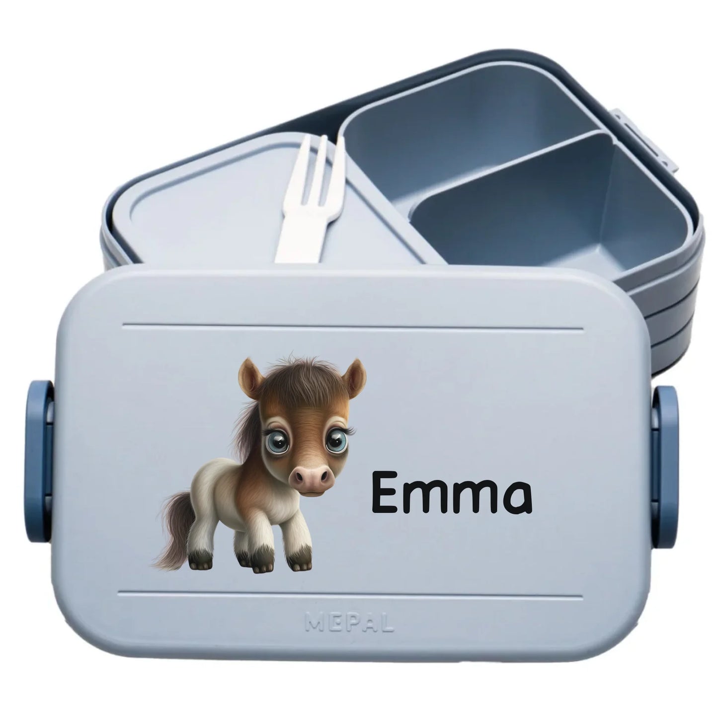 blaue Mepal Brotdose mit Text und Bild selber gestalten