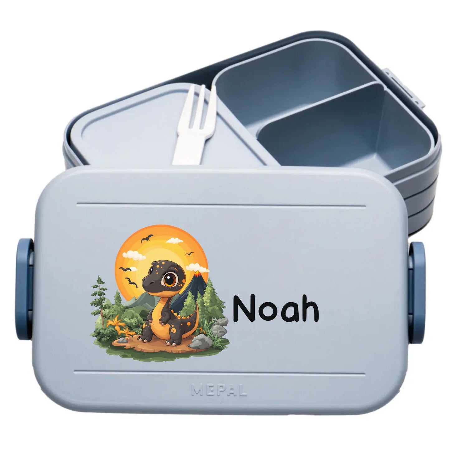 blaue Mepal Brotdose mit Text und Bild selber gestalten