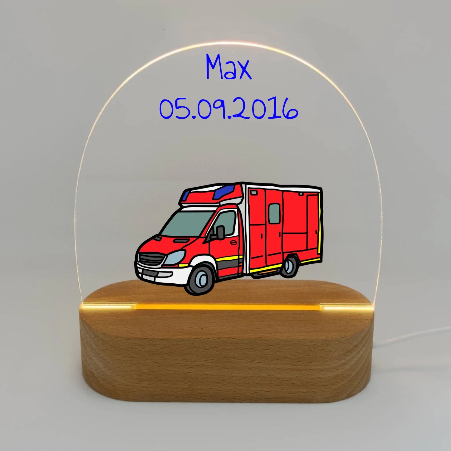 Personalisierte LED Bilder: Krankenwagen, Rettungsdienst Nachtlicht mit eigenem Namen - Individuelles LED Nachtlicht | Personalize Palace