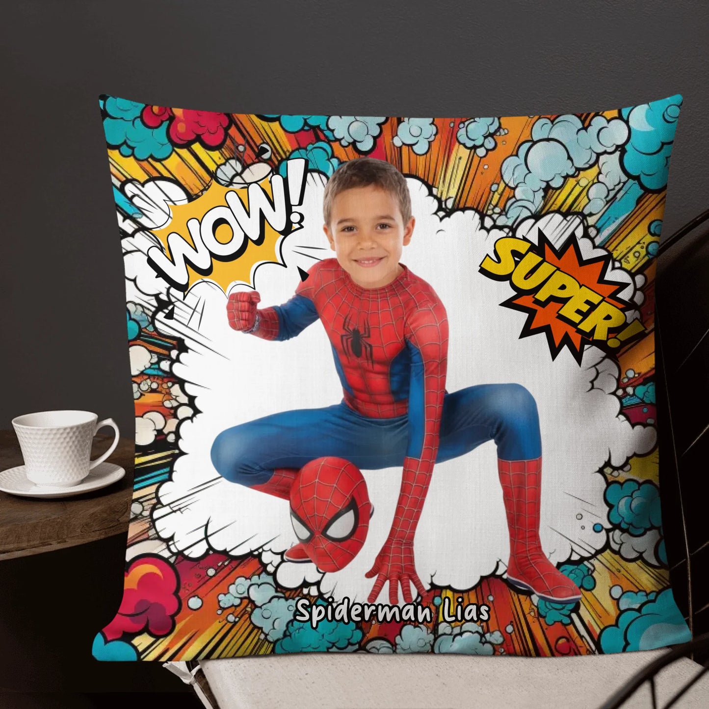 Personalisiertes Kissen: dein Foto als Comic-Held Spiderman - individuelles Superhelden Kissen | Personalize Palace