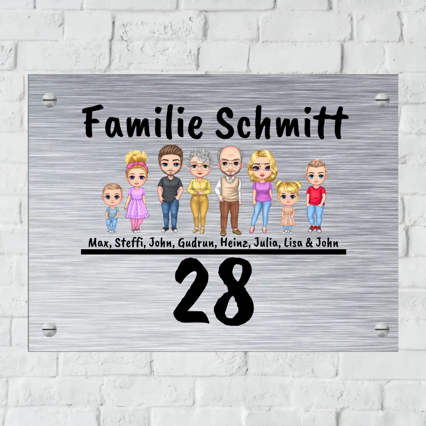 Personalisiertes Schild: Familienschild mit bis zu 8 Personen und Hausnummer - Individuelles Türschild | Personalize Palace
