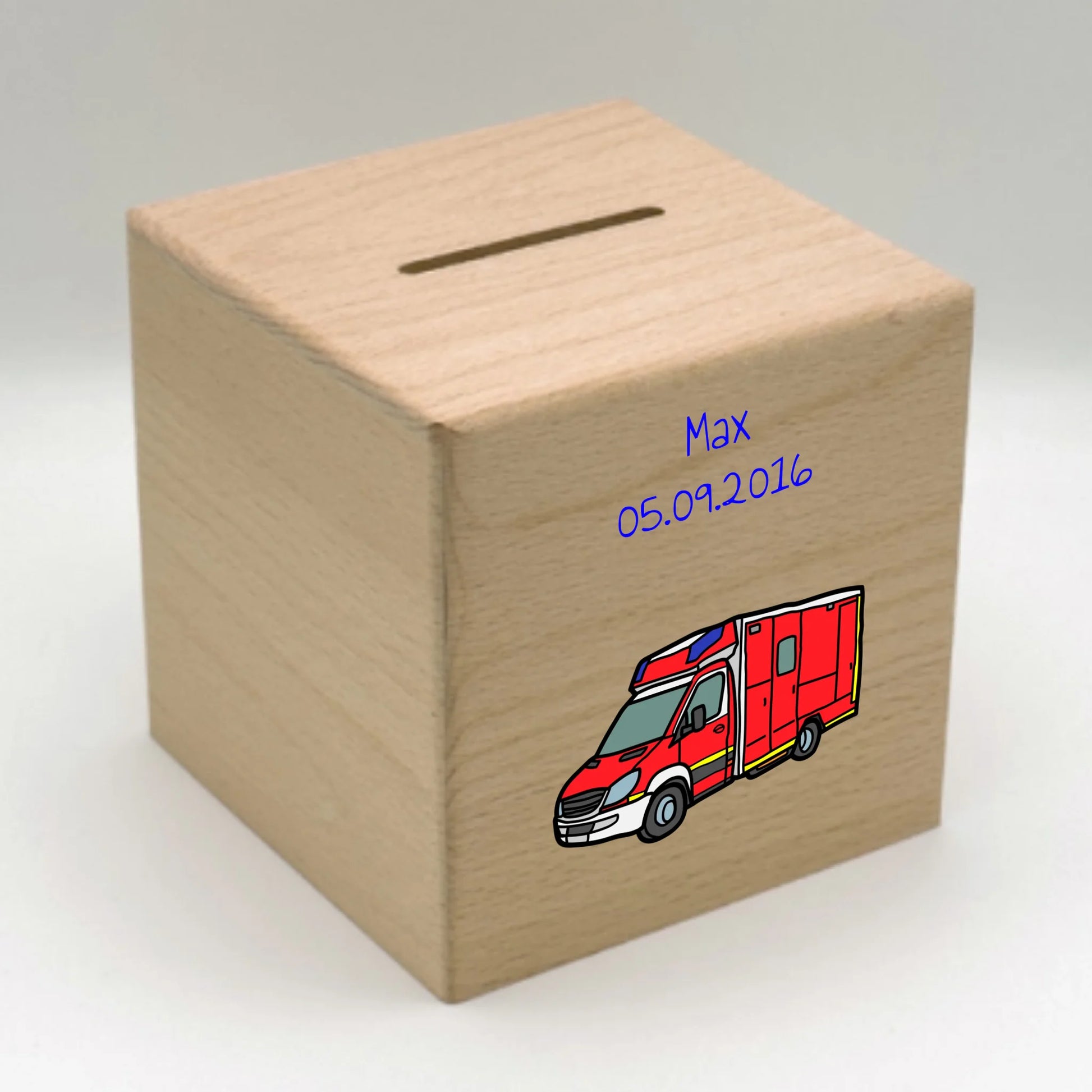 Personalisierte Spardose: Krankenwagen Bild mit Namen - individuelle Spardose für Kinder | Personalize Palace