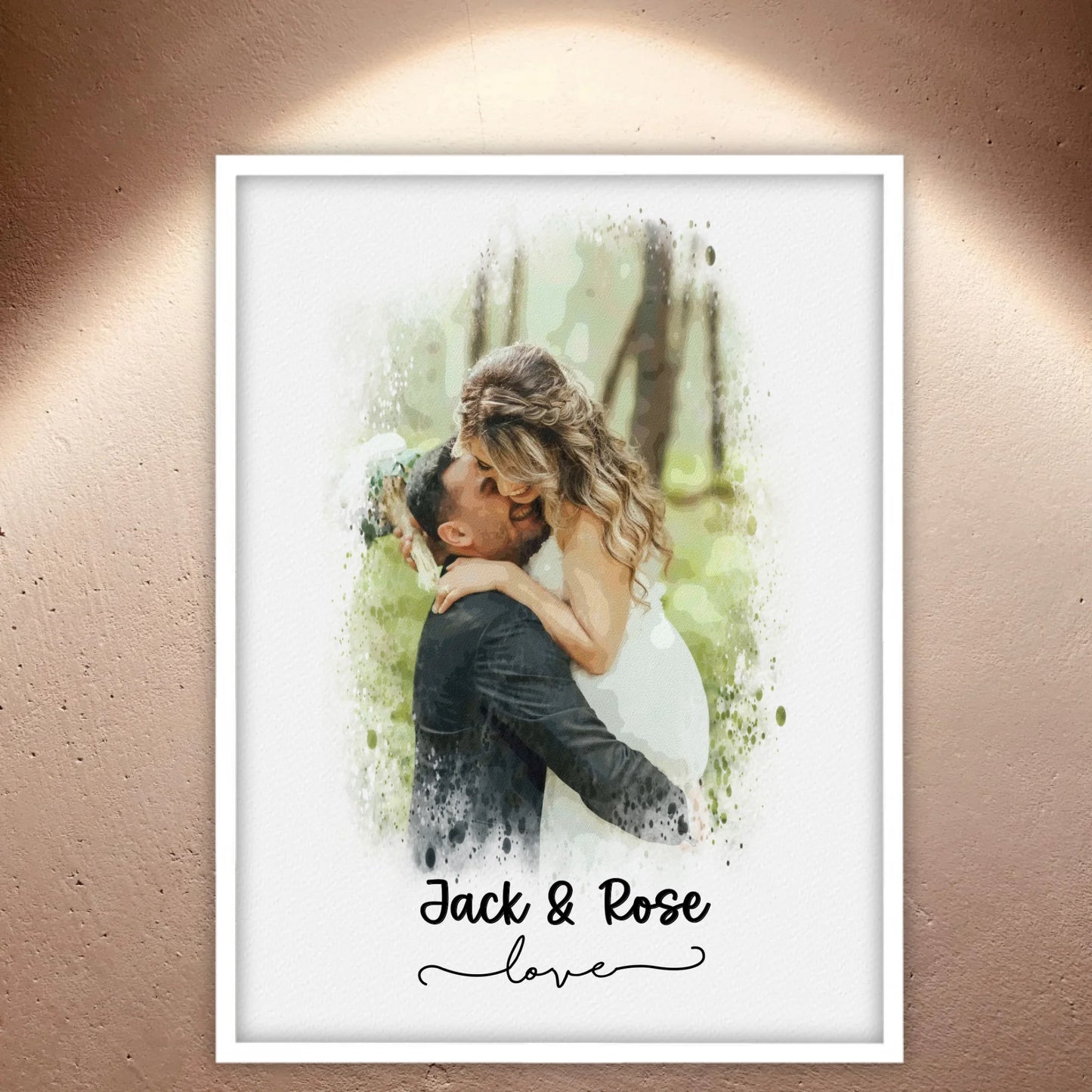 Wedding photo, couple canvas, portrait in watercolors - individual poster with gallery frame