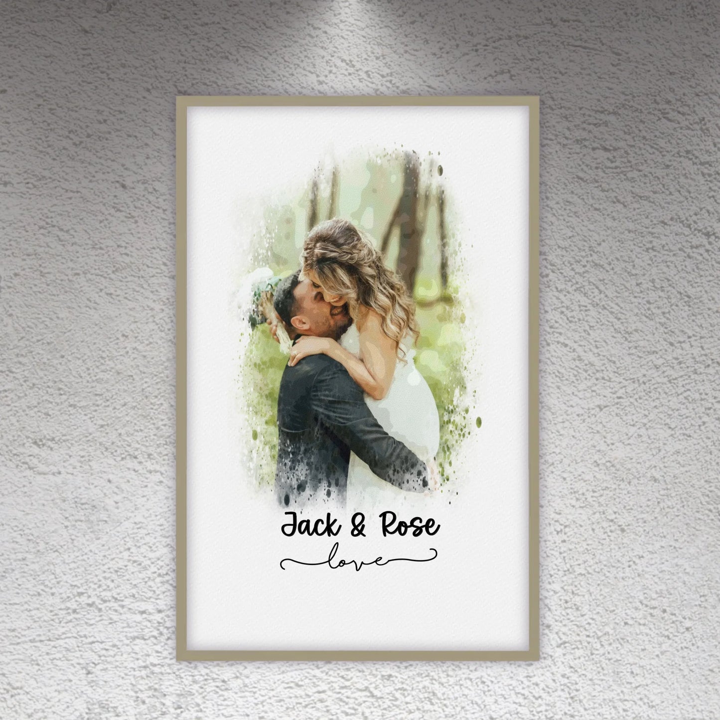 Wedding photo, couple canvas, portrait in watercolors - individual poster with gallery frame