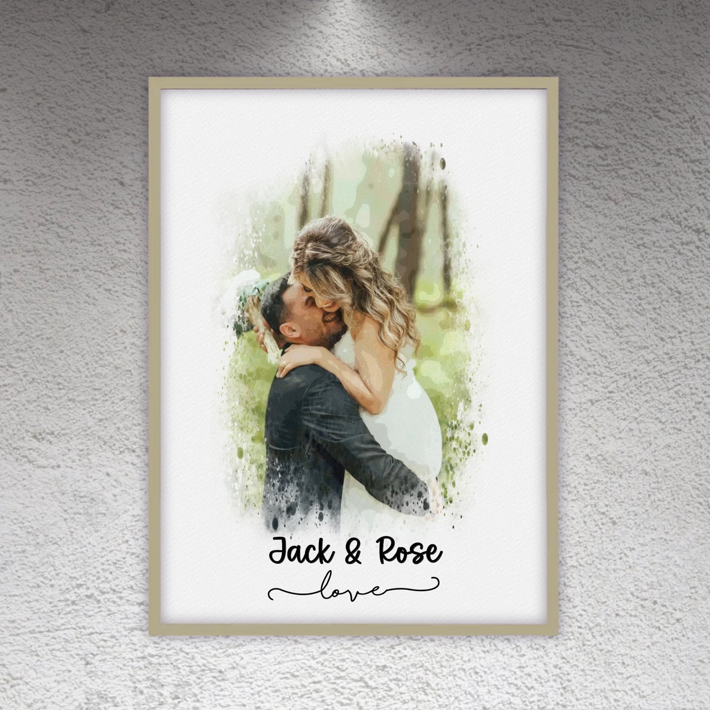 Wedding photo, couple canvas, portrait in watercolors - individual poster with gallery frame
