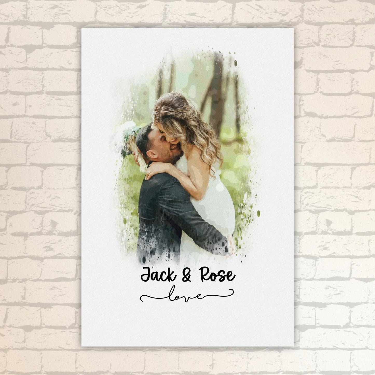 Wedding photo, couple canvas, portrait in watercolors - individual poster with gallery frame