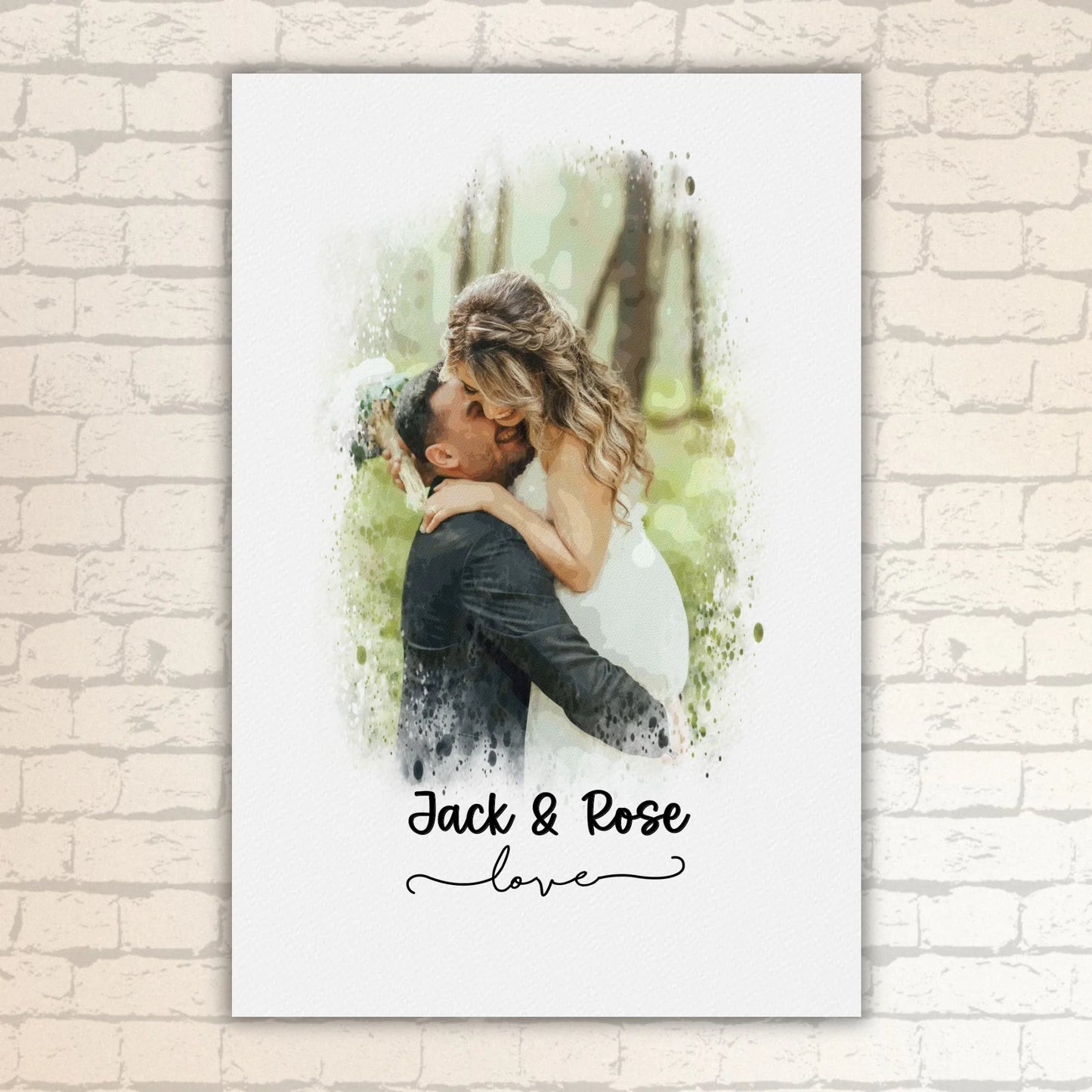 Wedding photo, couple canvas, portrait in watercolors - individual poster with gallery frame