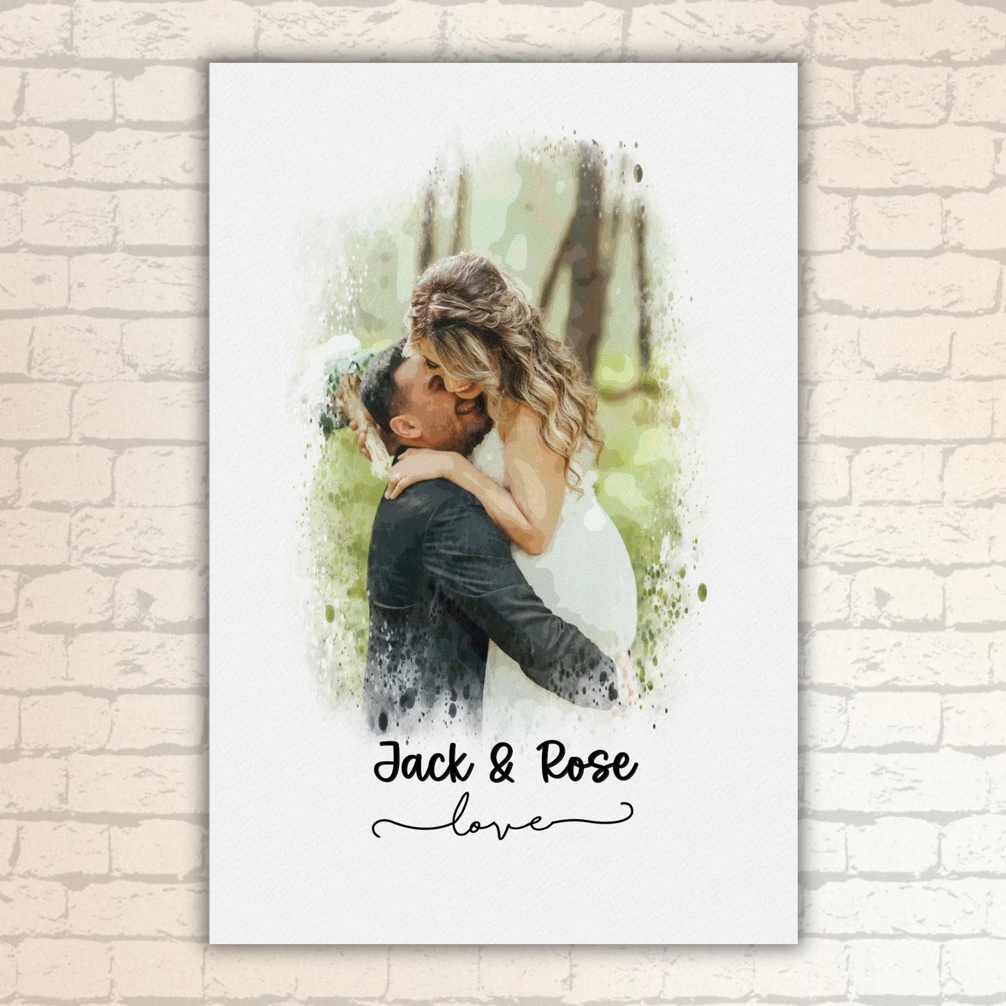 Wedding photo, couple canvas, portrait in watercolors - individual poster with gallery frame