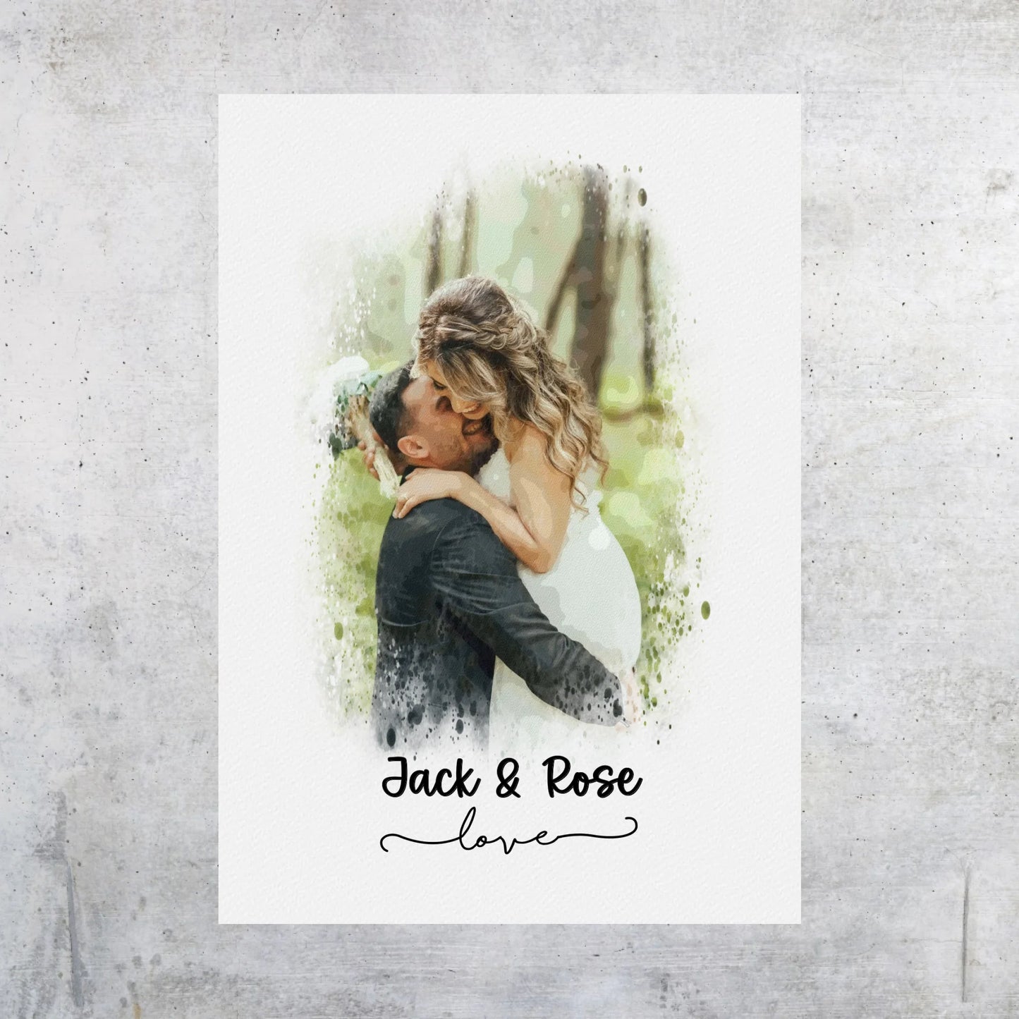 Wedding photo, couple canvas, portrait in watercolors - individual poster with gallery frame
