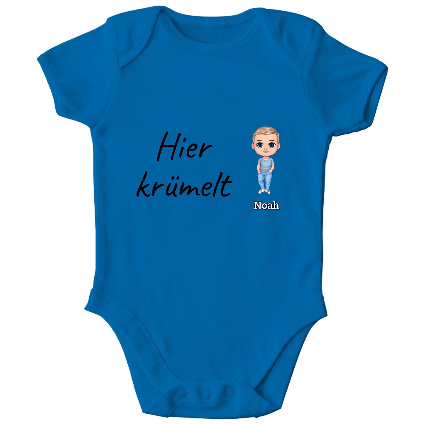 Personalisierter Bio Baby Strampler | hier krümelt mit Name und Bild | Personalize Palace