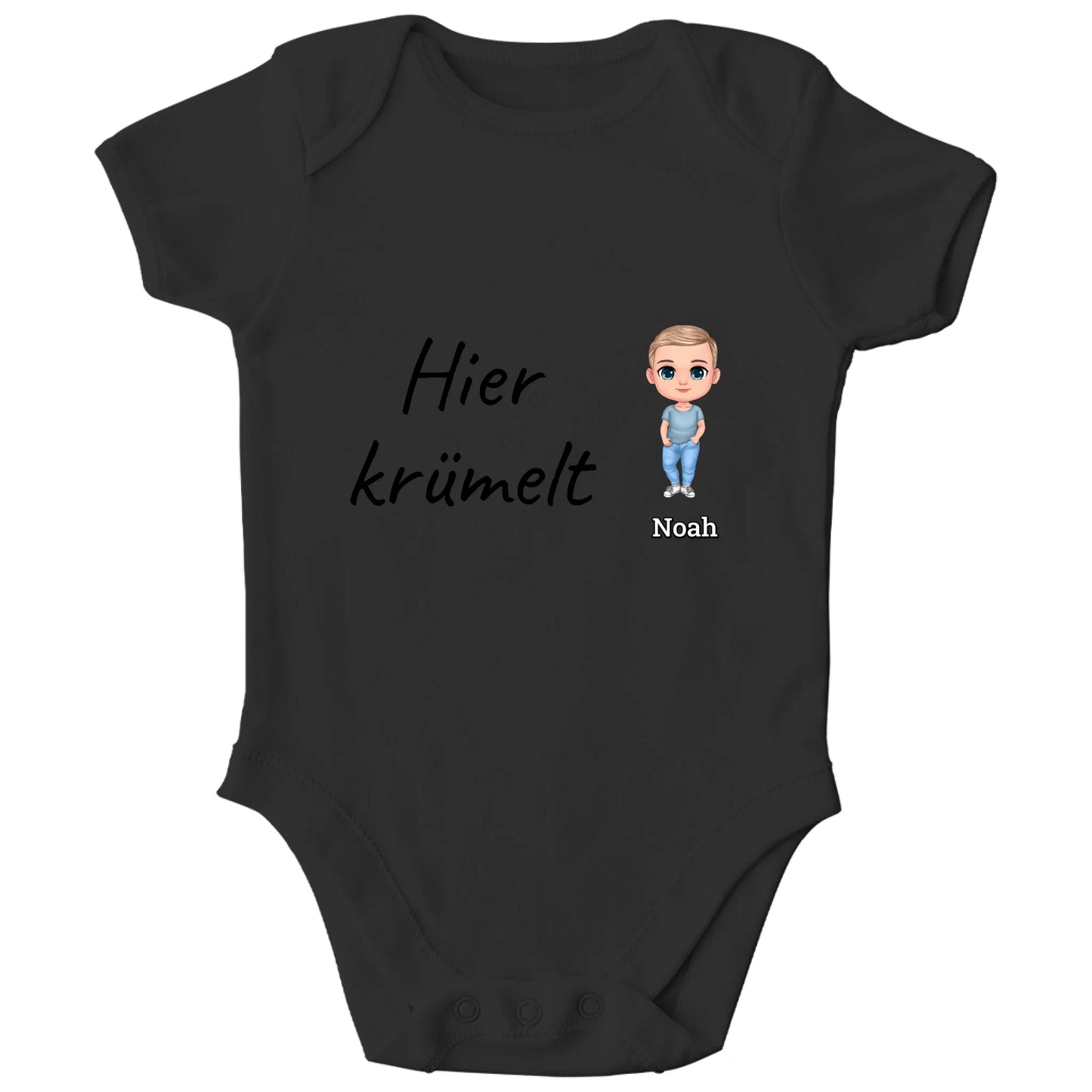 Personalisierter Bio Baby Strampler | hier krümelt mit Name und Bild | Personalize Palace