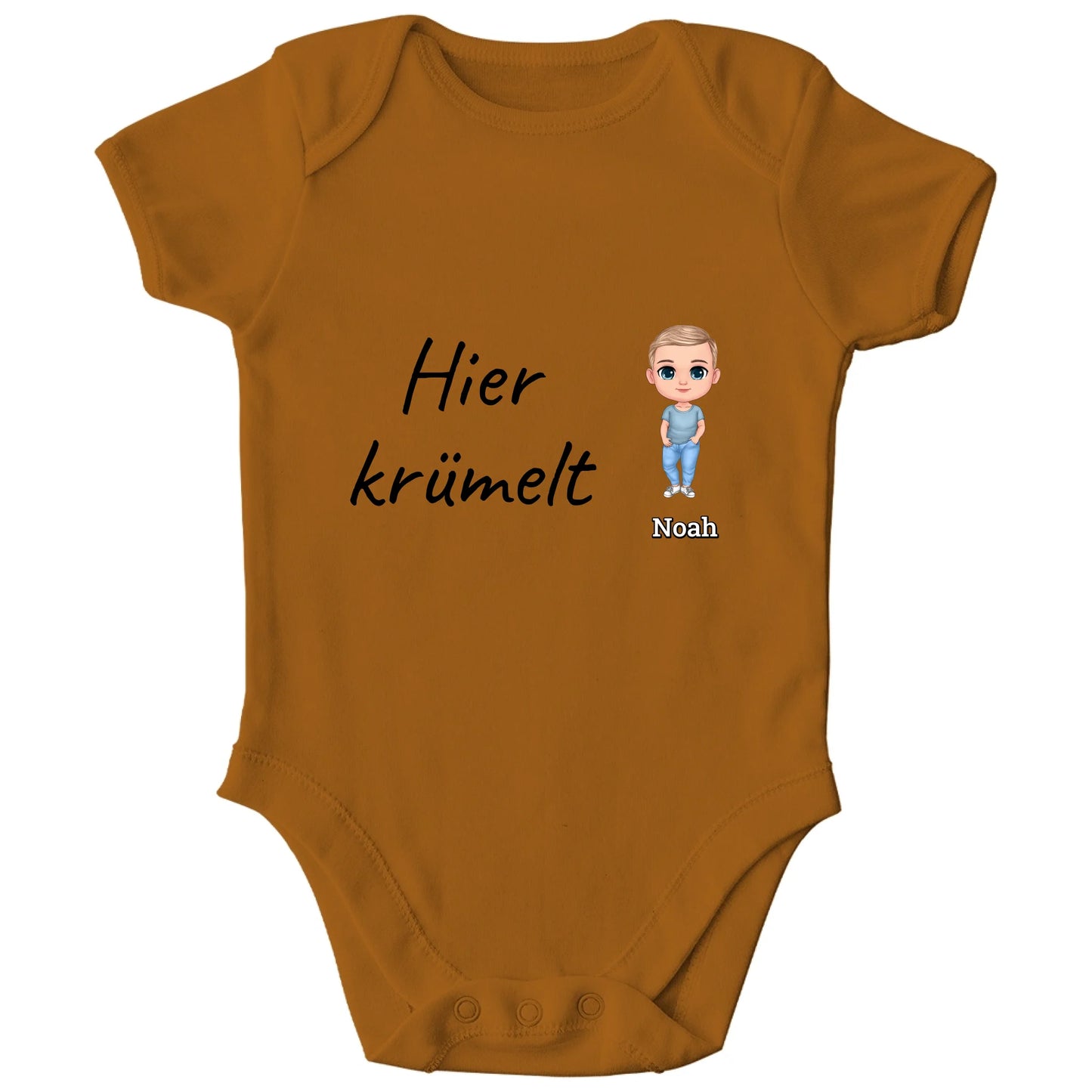 Personalisierter Bio Baby Strampler | hier krümelt mit Name und Bild | Personalize Palace