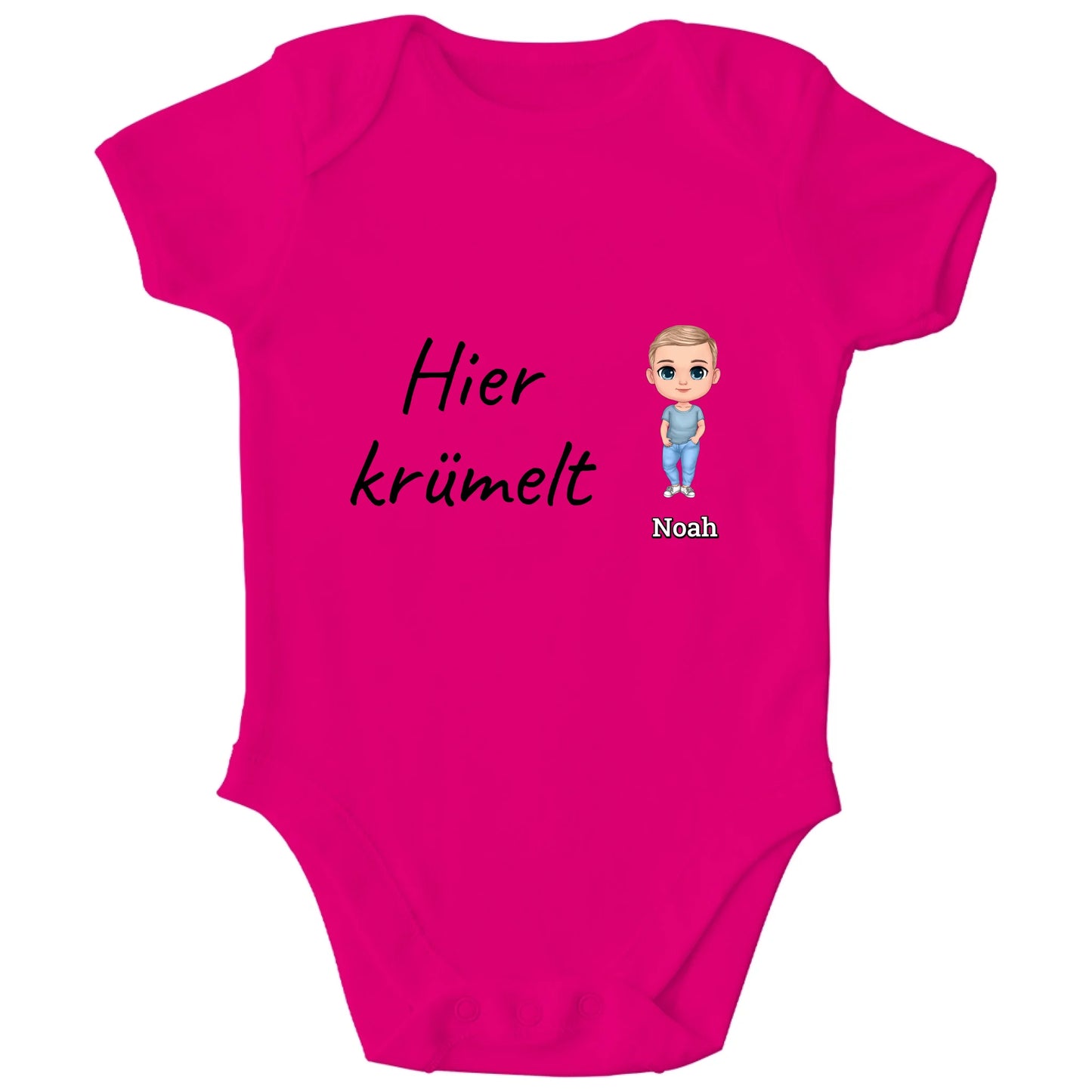 Personalisierter Bio Baby Strampler | hier krümelt mit Name und Bild | Personalize Palace