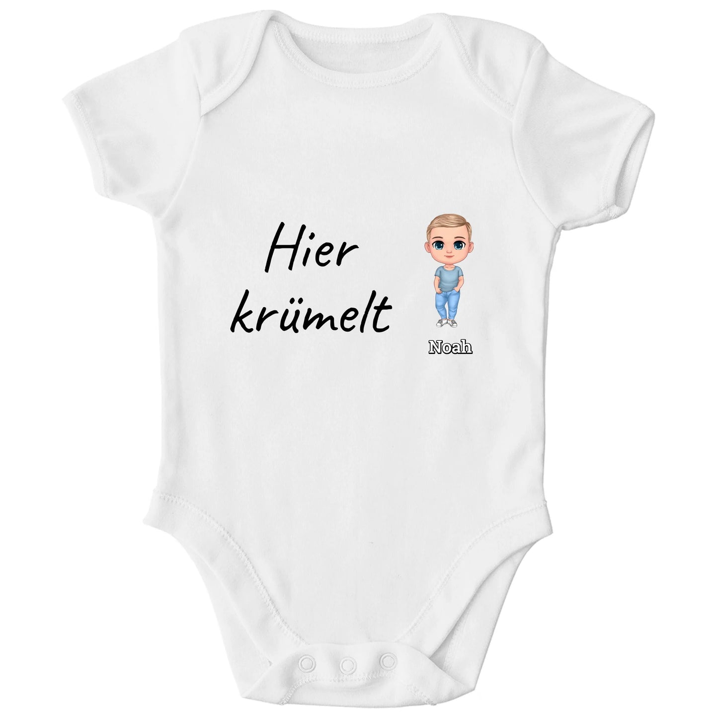 Personalisierter Bio Baby Strampler | hier krümelt mit Name und Bild | Personalize Palace