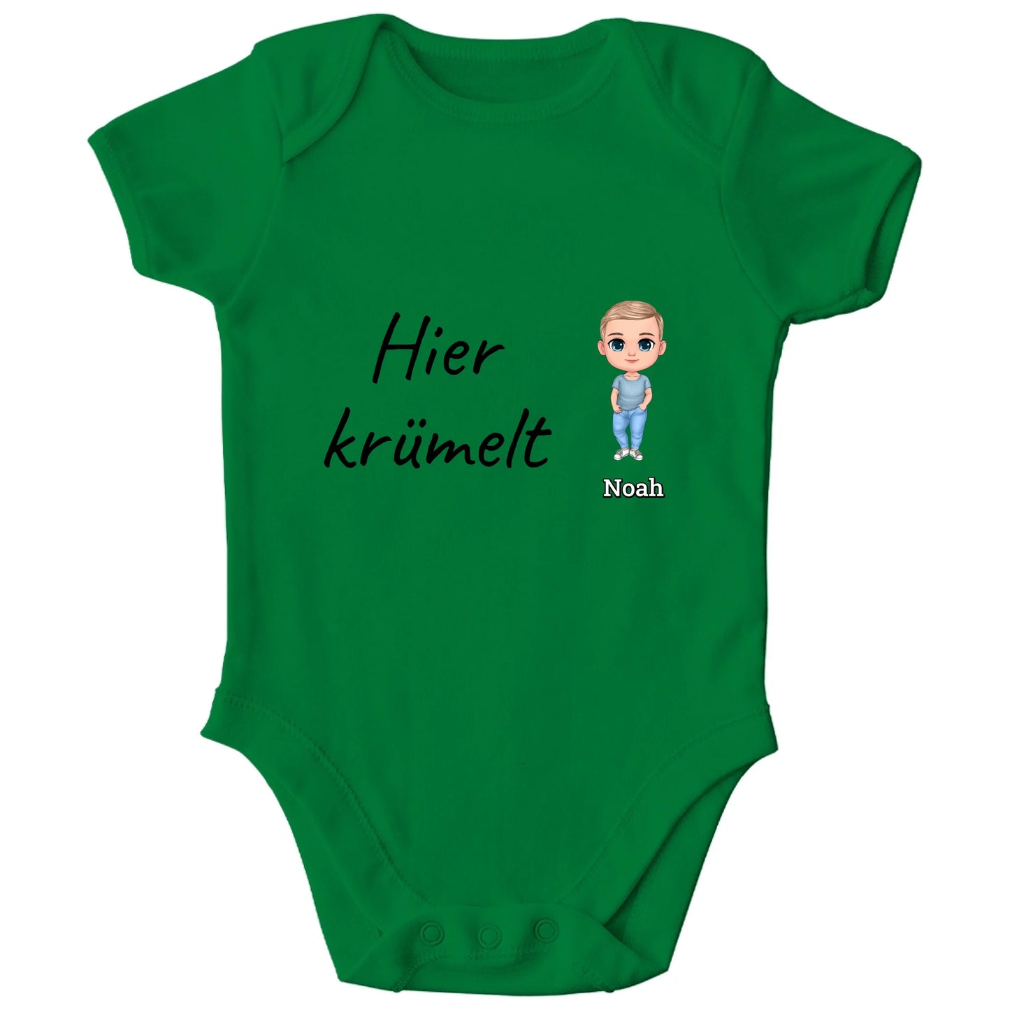 Personalisierter Bio Baby Strampler | hier krümelt mit Name und Bild | Personalize Palace