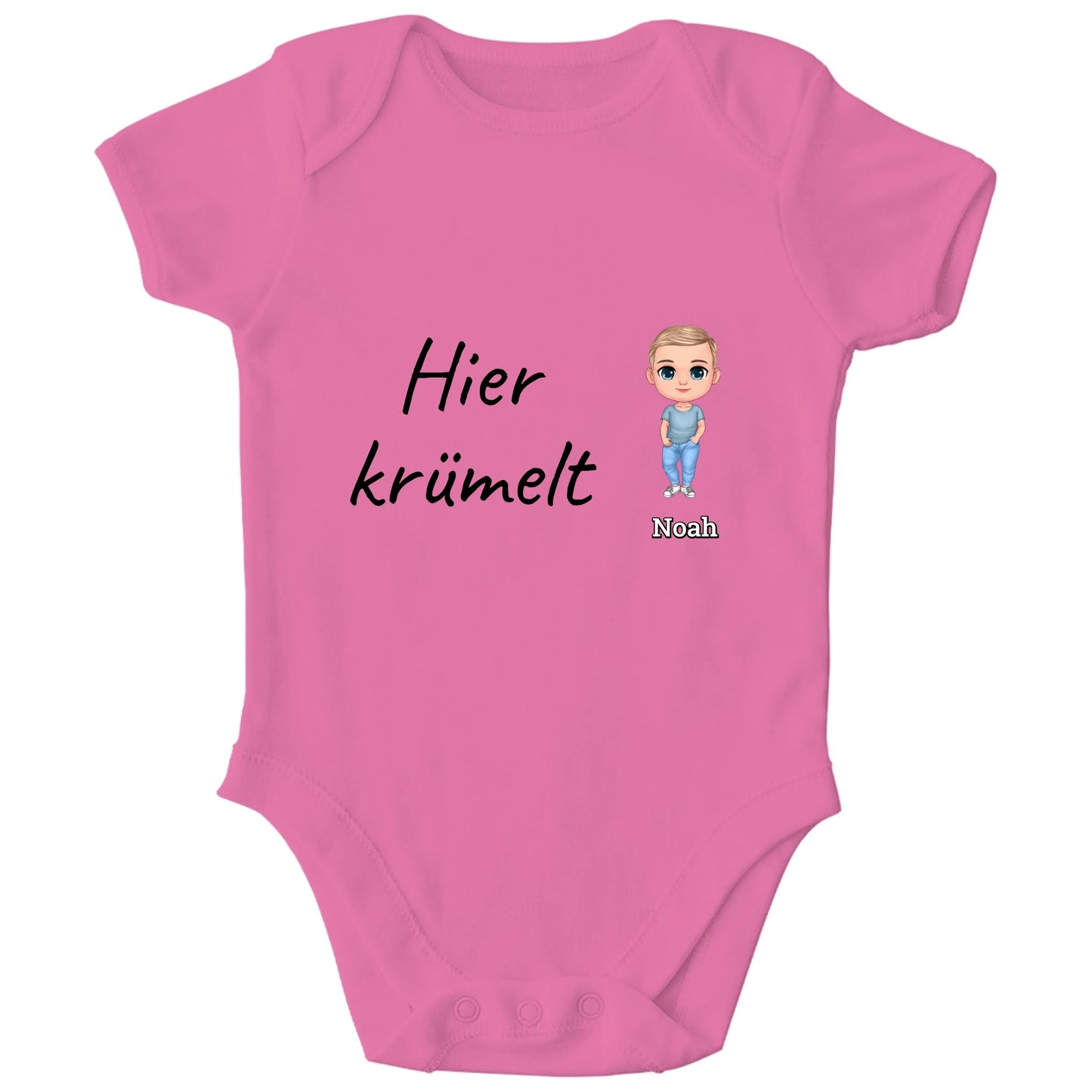 Personalisierter Bio Baby Strampler | hier krümelt mit Name und Bild | Personalize Palace