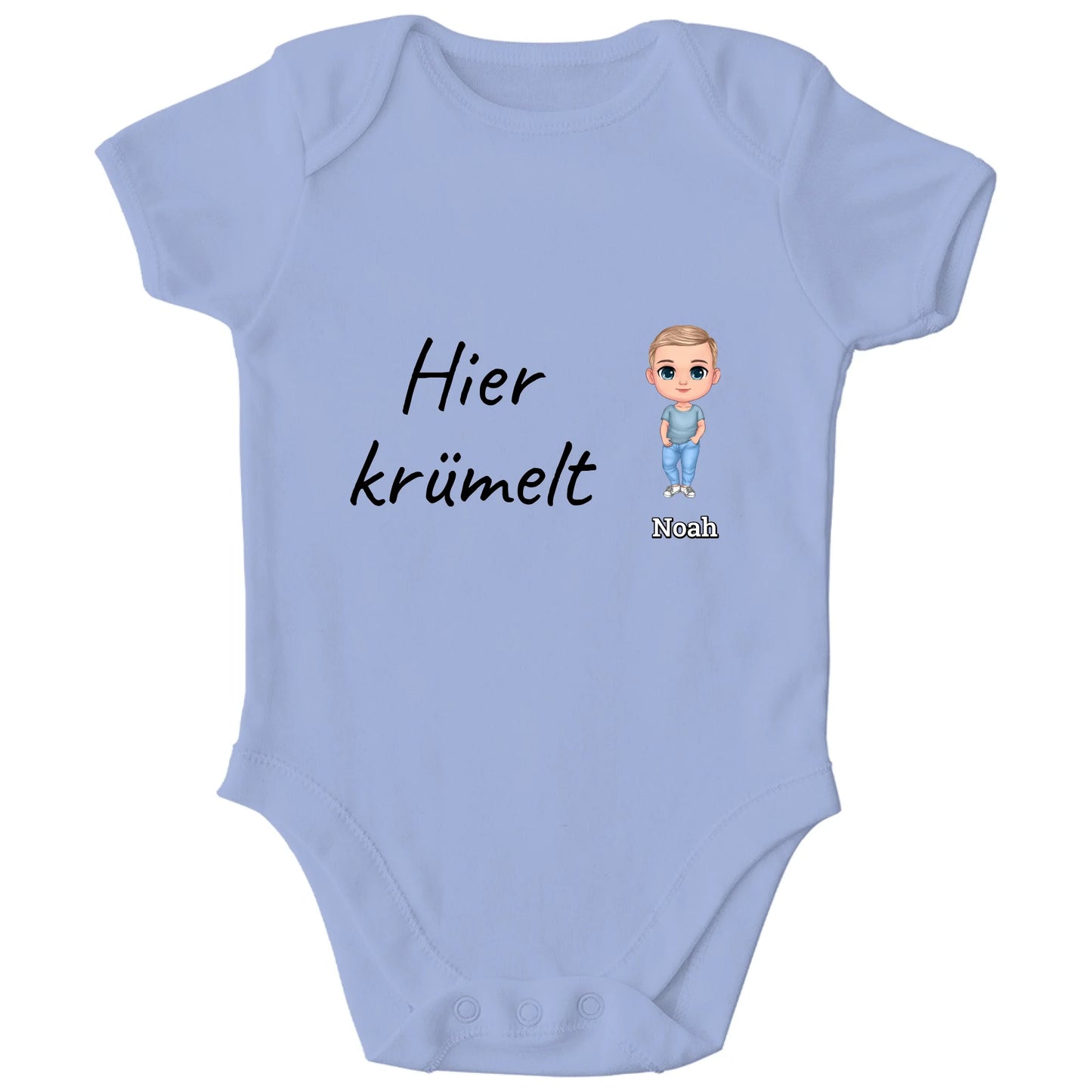 Personalisierter Bio Baby Strampler | hier krümelt mit Name und Bild | Personalize Palace