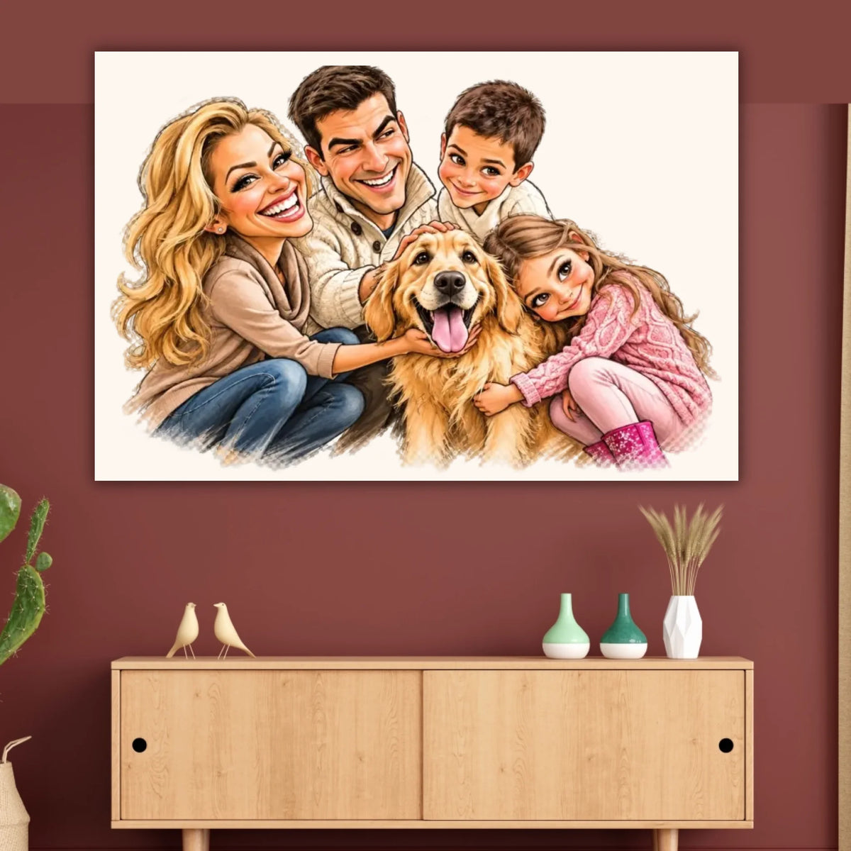 Your family as a caricature - personalized poster with frame