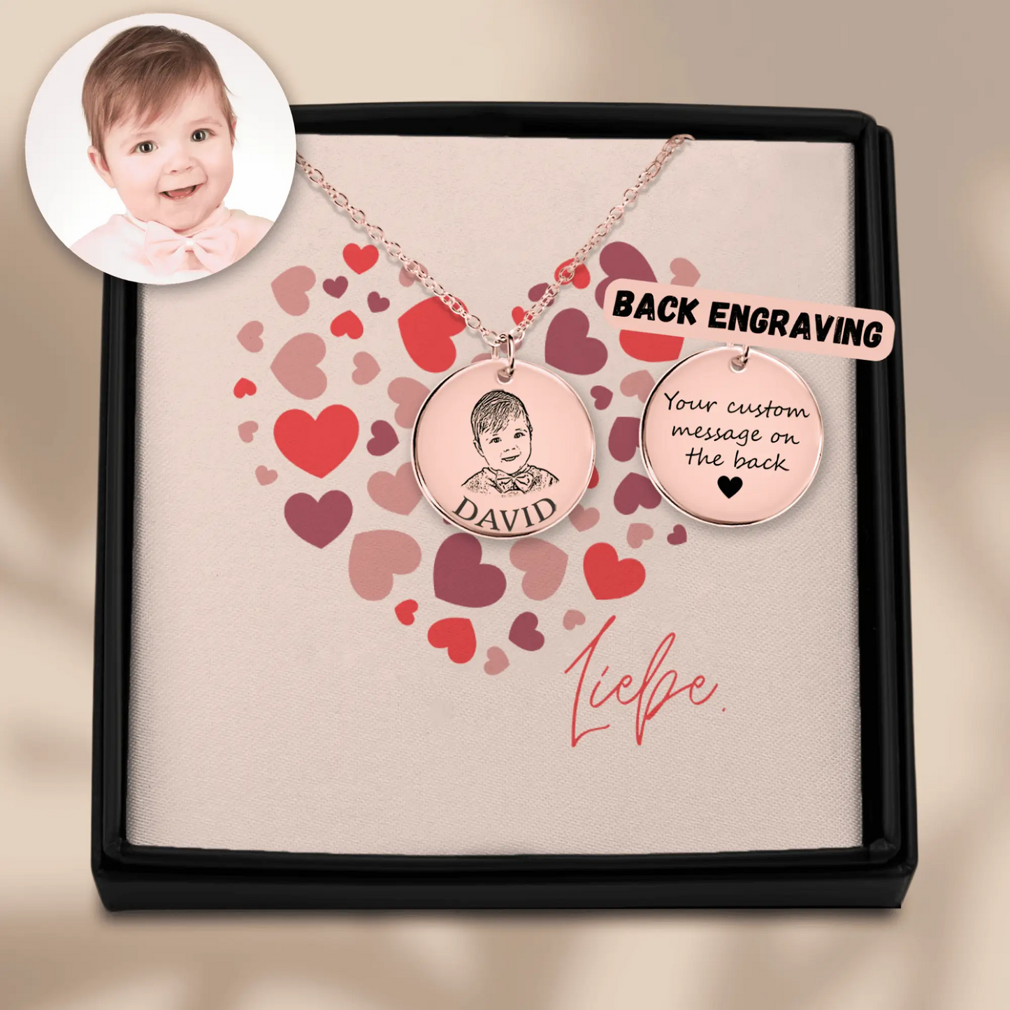 Baby portrait necklace with your photo and text as a gift