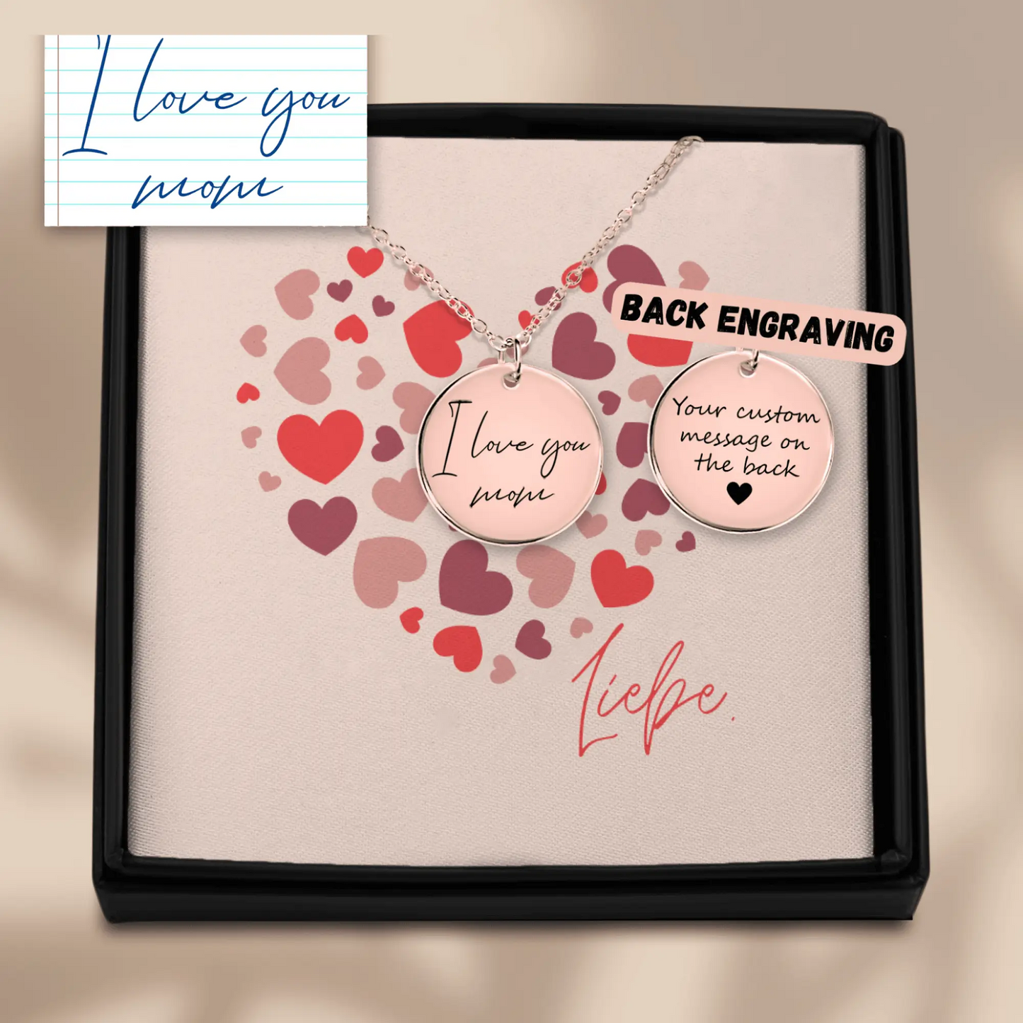 A handwritten message engraved on your special necklace for couples in love