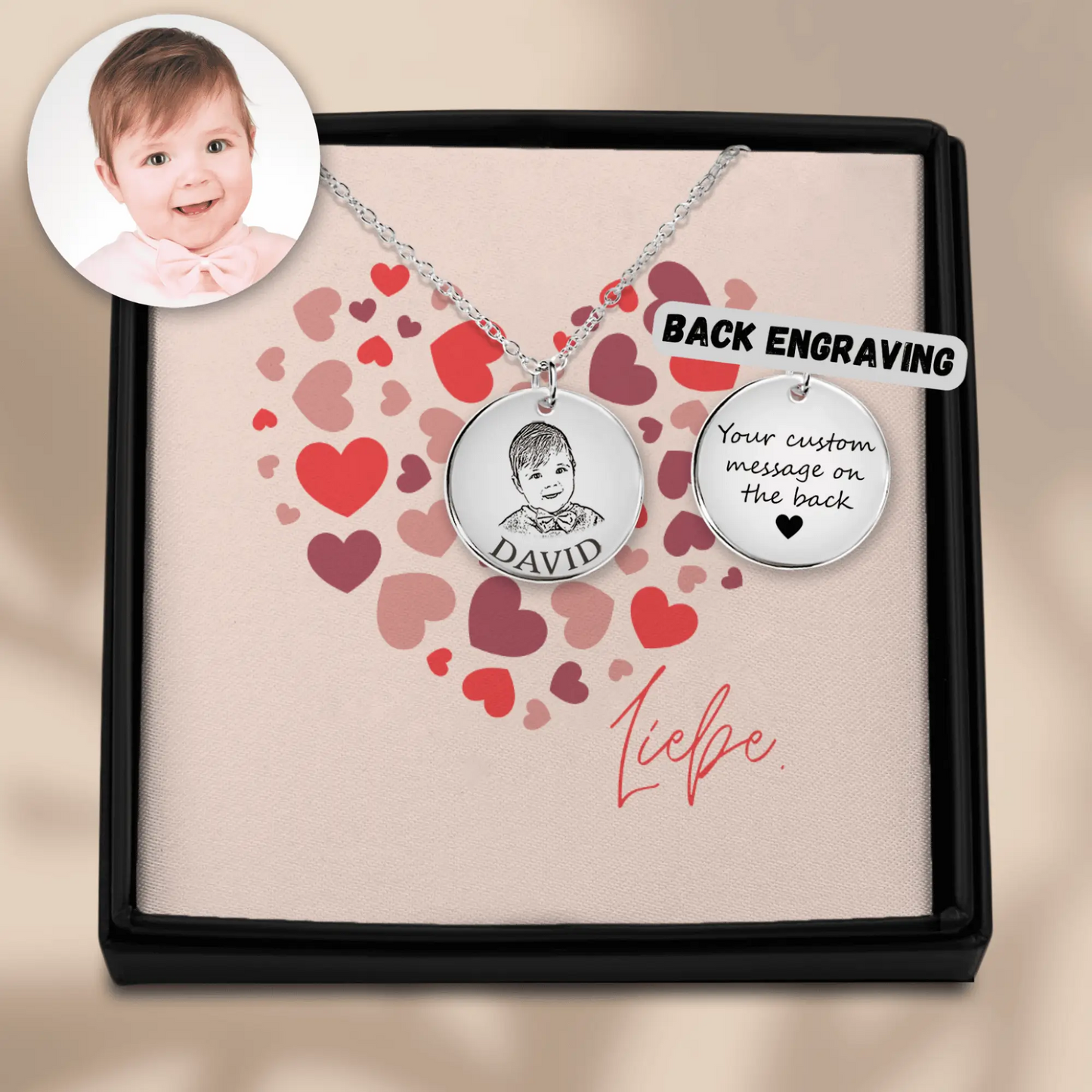 Baby portrait necklace with your photo and text as a gift