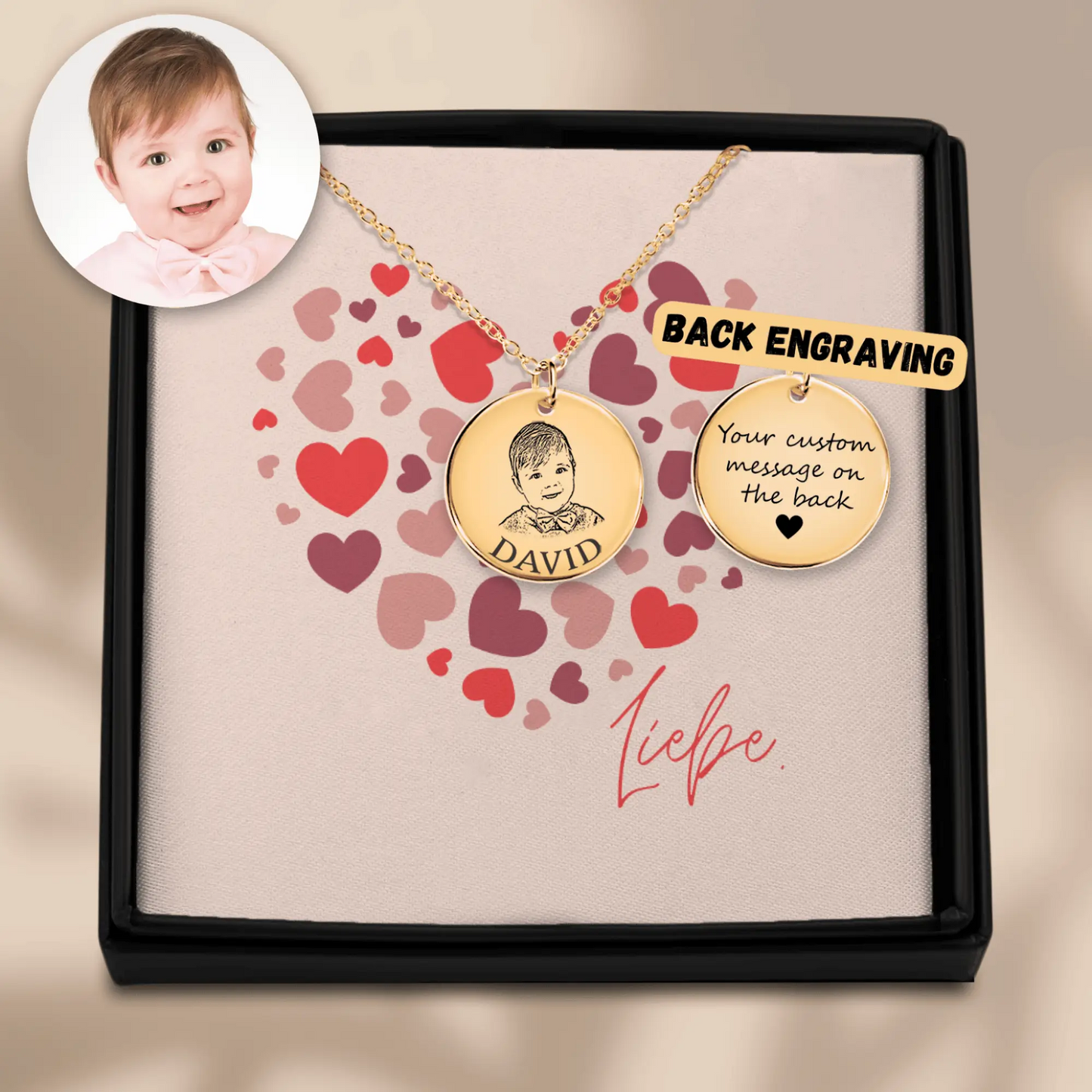 Baby portrait necklace with your photo and text as a gift